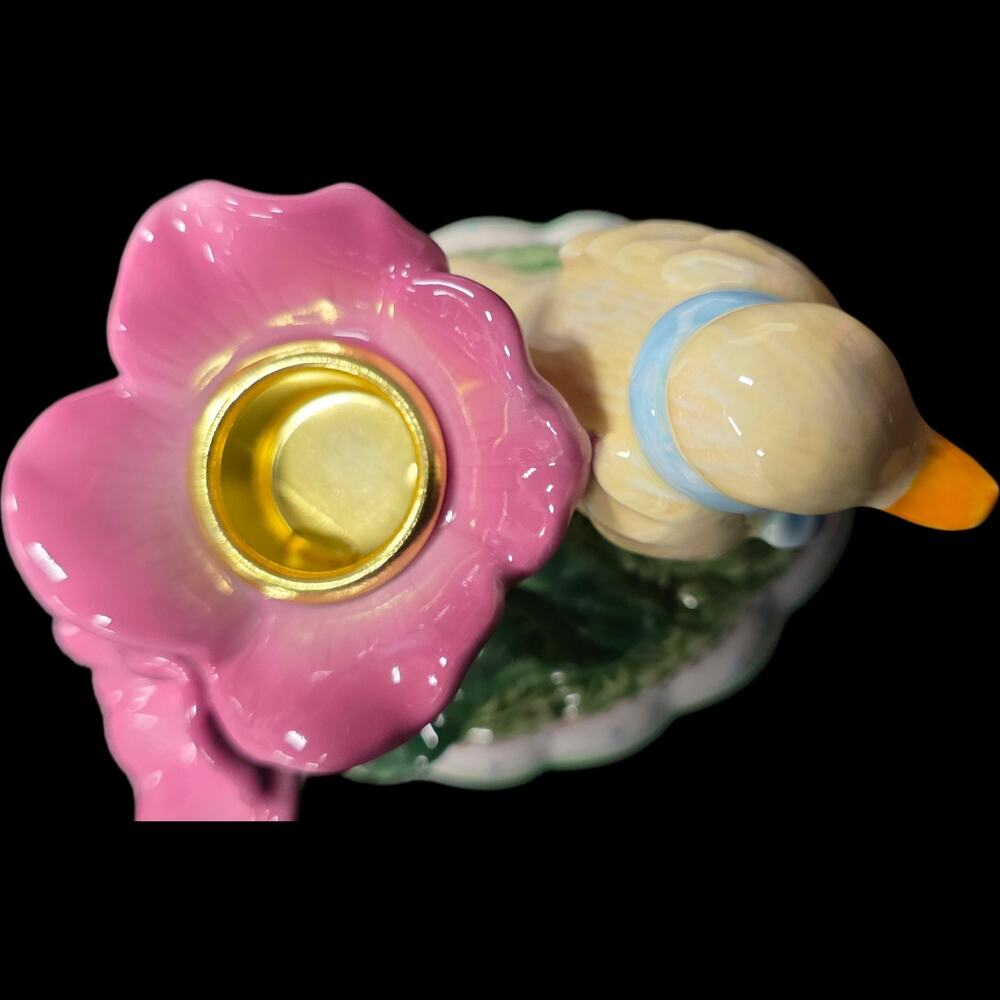 Vintage Porcelain Duck Figurine Candle Holder with Blue Bow and Gold Trim - Picture 5 of 7